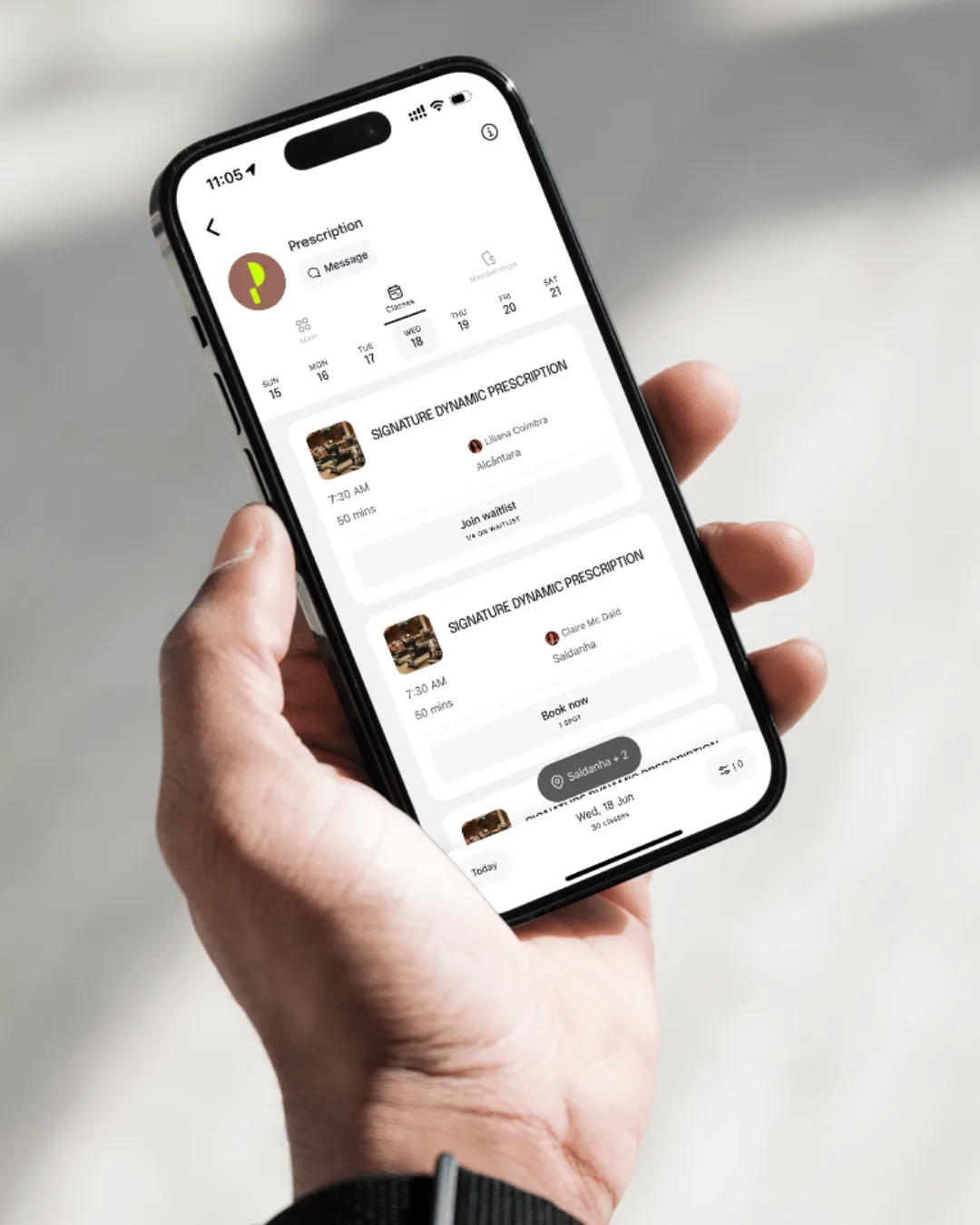 The Momence app showing the Prescription schedule